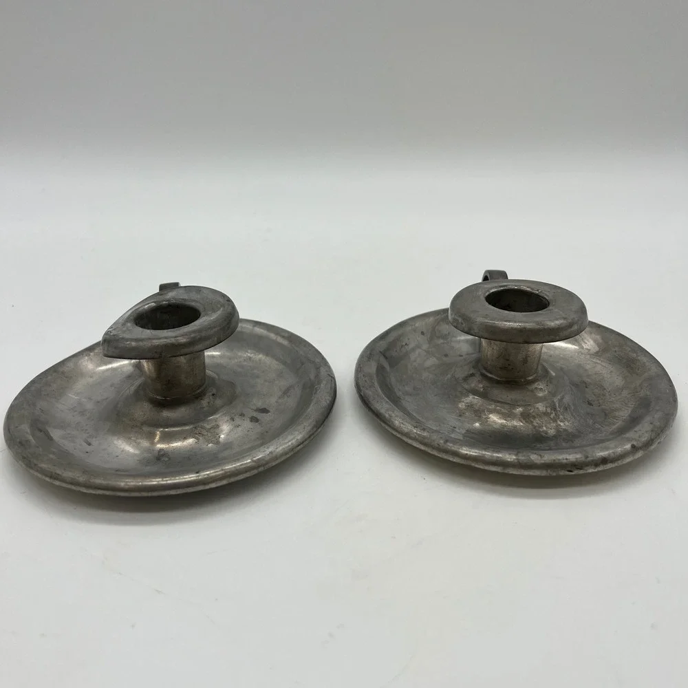 Woodbury Pewterers Candlestick Holders Pair Hand-Ome Brushed Chamberstick VTG